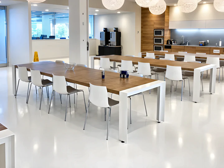 Seamless white floor in the staff cafeteria at the Aritzia head office