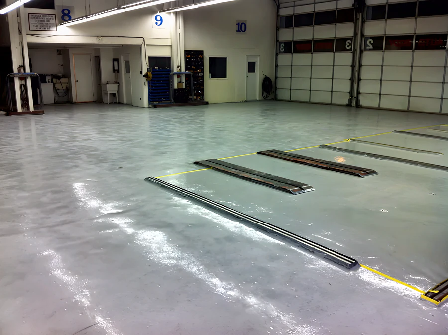 Finished light grey floor coating in a Main Street auto body shop in Vancouver, around the frame-machine rails by bays 8, 9 and 10