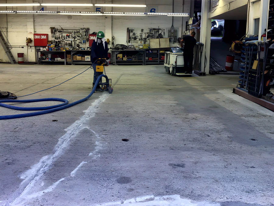 Crack preparation at a Main Street auto body shop in Vancouver: an installer grinding out floor cracks with a dust-extracted grinder between the work bays