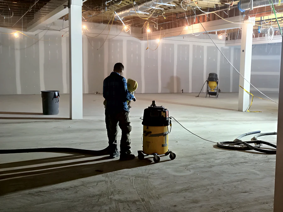 Fresh St. Market in West Vancouver during its 2012 fit-out: a floor crew with a dust extraction vacuum on the bare concrete slab, drywall and open ceiling around them