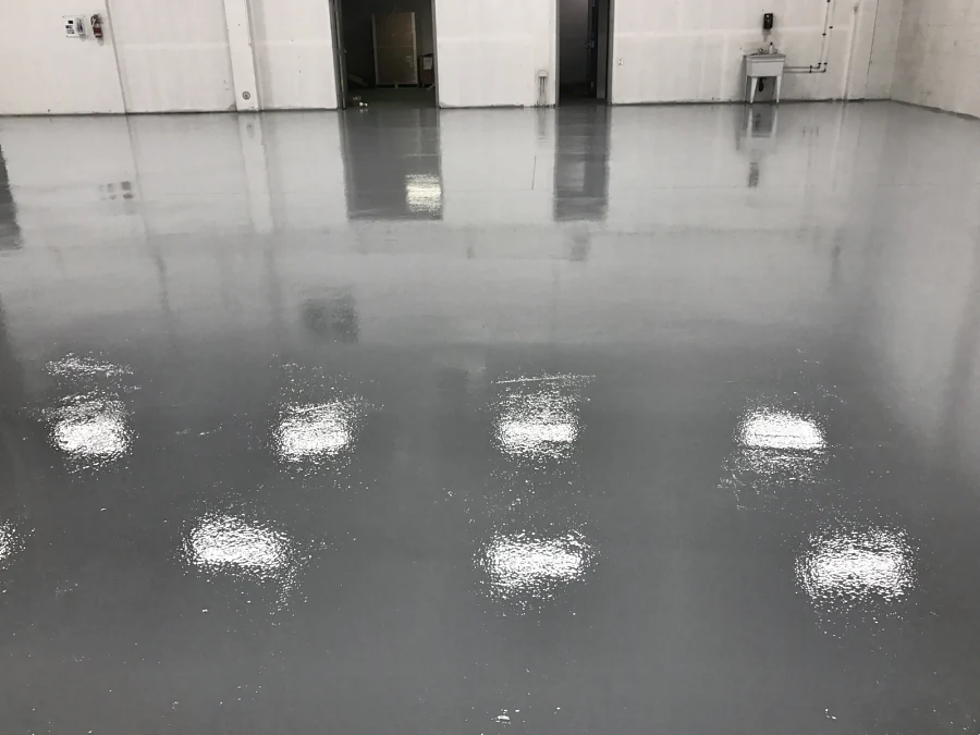 The finished grey epoxy, high-gloss, through to the doorways, 2017