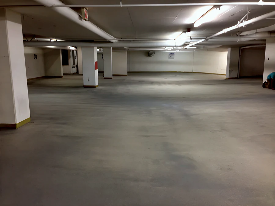 The Kelmar coat going down across a parking level of the Hampton Inn & Suites parkade, Downtown Vancouver