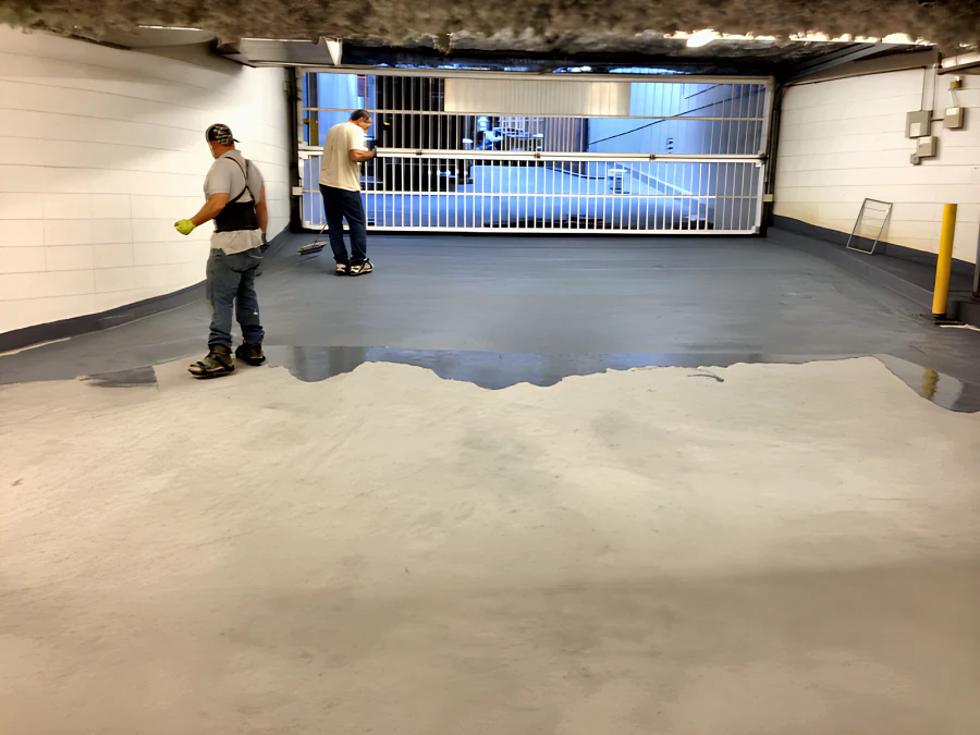 Crew laying the Kelmar traffic coating by the entrance gate of the Hampton Inn & Suites parkade on Robson Street, Downtown Vancouver