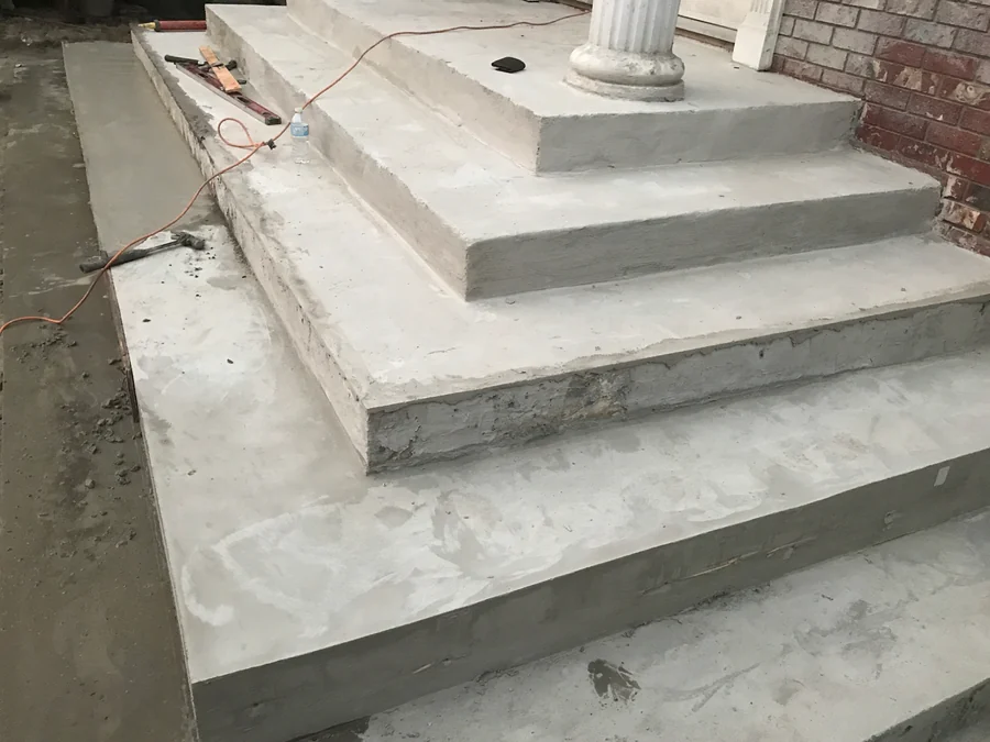 The front steps built back up square in repair mortar before the ResinTech EWS quartz floor, Kerrisdale, Vancouver