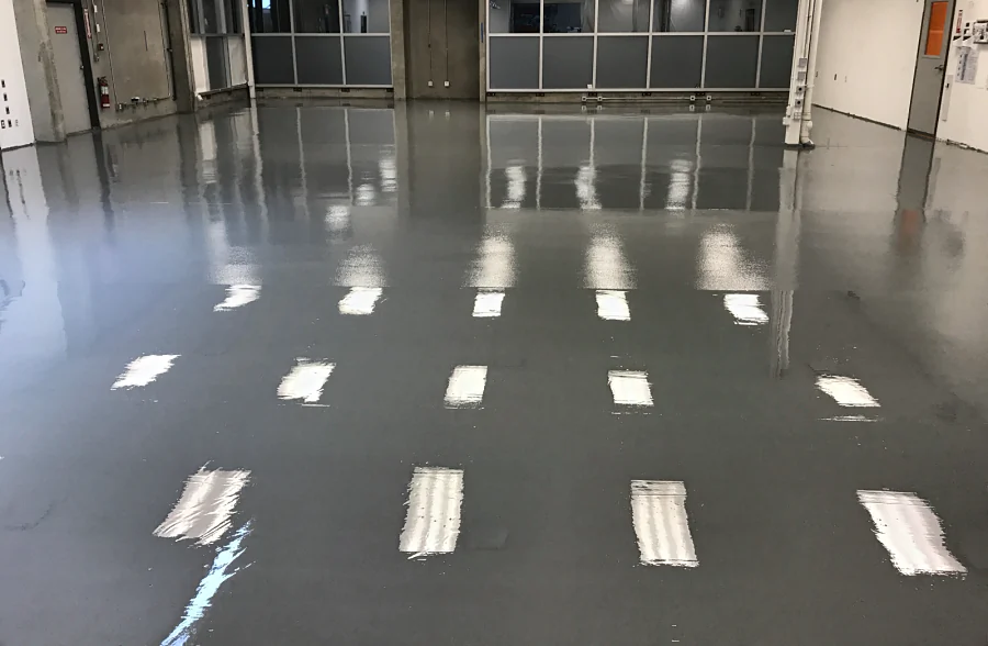 The finished ESD floor coating in high-gloss grey across the open floor, 2017