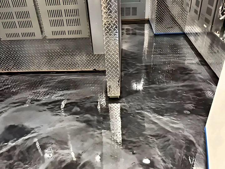 Grey metallic epoxy floor with a high gloss, beside diamond-plate wall panels