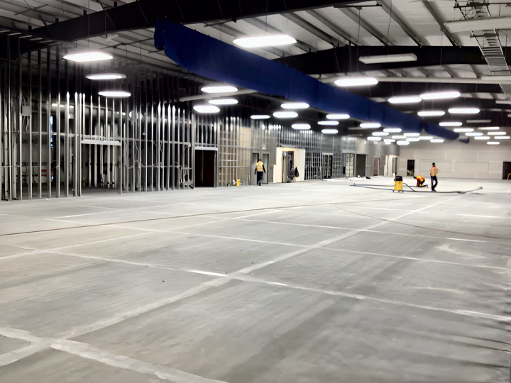 Crew in hi-vis preparing the concrete slab at MTU Canada in Richmond, with a dust extraction vacuum on the floor