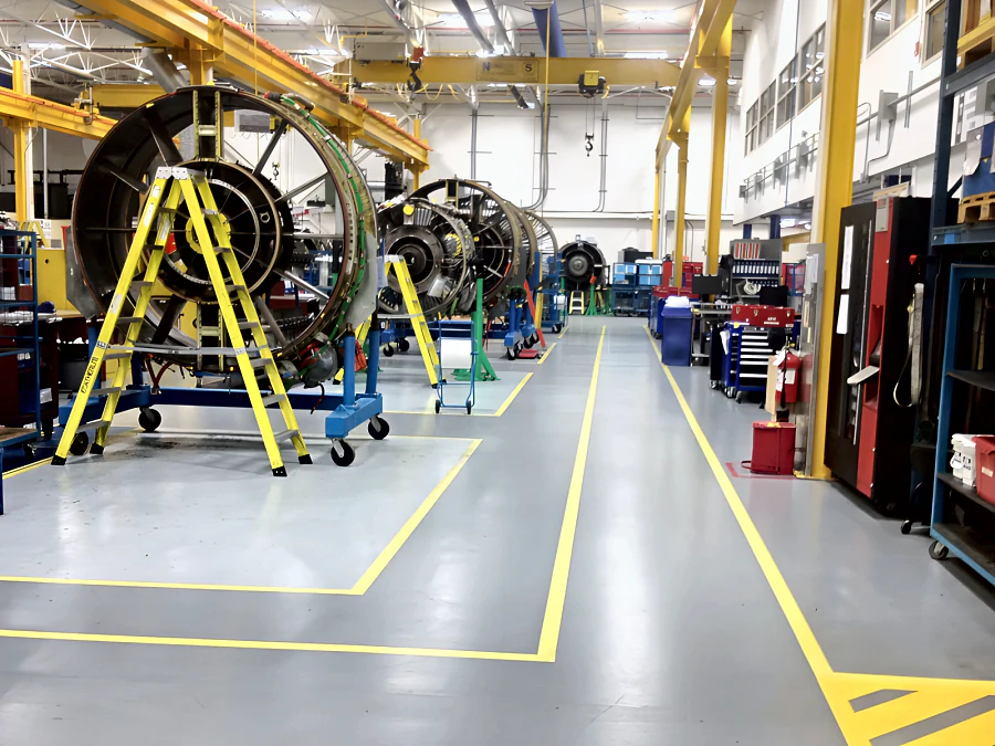 Aircraft engines on stands under yellow gantry cranes in the MTU Maintenance Canada engine shop, Building 2, on the grey floor marked out in yellow