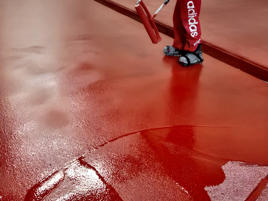 The red floor being rolled out along the trench drain in phase 2 at Parallel 49 Brewing Company, Vancouver