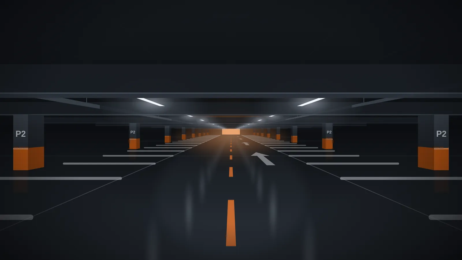Illustration of a coated parkade drive aisle with amber line marking