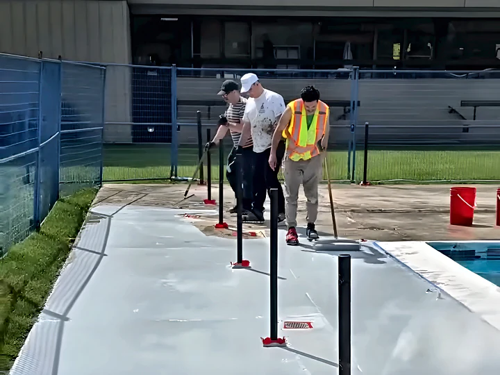 Crew rolling the ResinTech coating along an outdoor pool deck behind temporary fencing