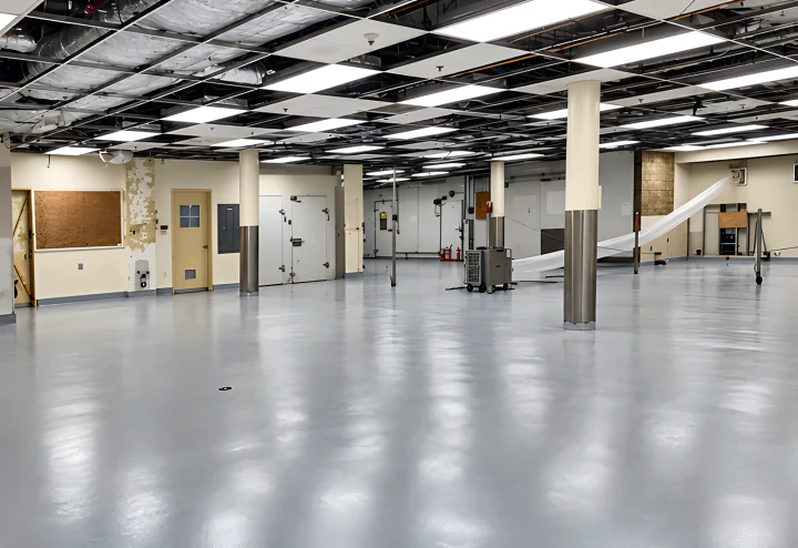 Grey Eco Shop Floor with an integral coved base across the commercial kitchen at Ridge Meadows Hospital