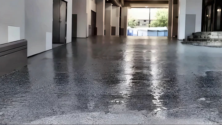 Glossy grey ResinTech EWS floor with a flake finish in a covered entrance at the Sandman Hotel