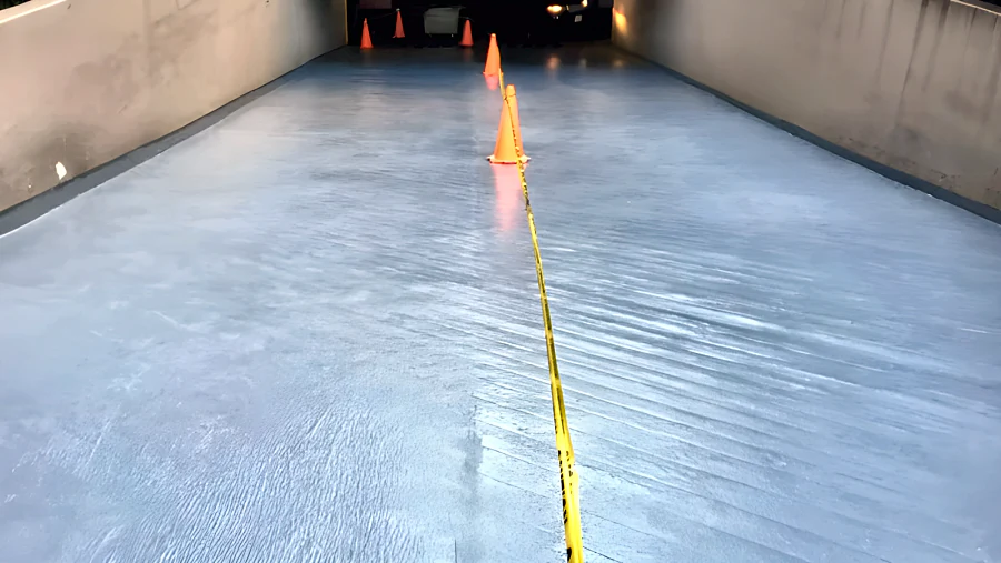 The Sutton Place Hotel parkade ramp in Downtown Vancouver, coated in ResinTech EWS, with cones and tape along the centre line