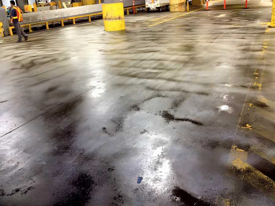 Sealer going on over the shot-blasted concrete in the YVR baggage handling area, still wet in patches