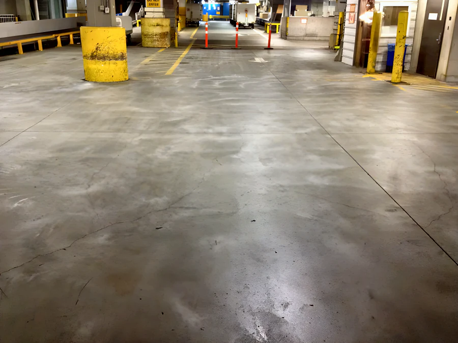 Sealed, non-slip concrete through the baggage handling area at Vancouver International Airport, past the yellow bollards