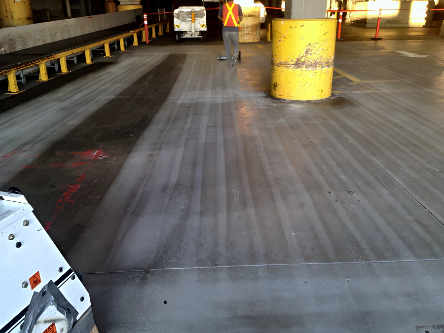 Shot blasting a slippery concrete floor in a baggage handling area at Vancouver International Airport (YVR), the blasted lanes lighter than the untouched strip beside them